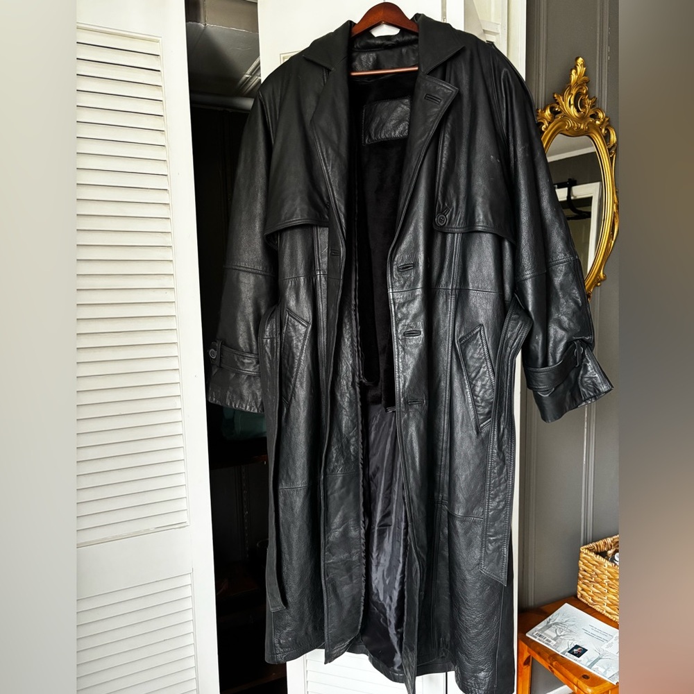 Unisex Black Leather Trench Coat